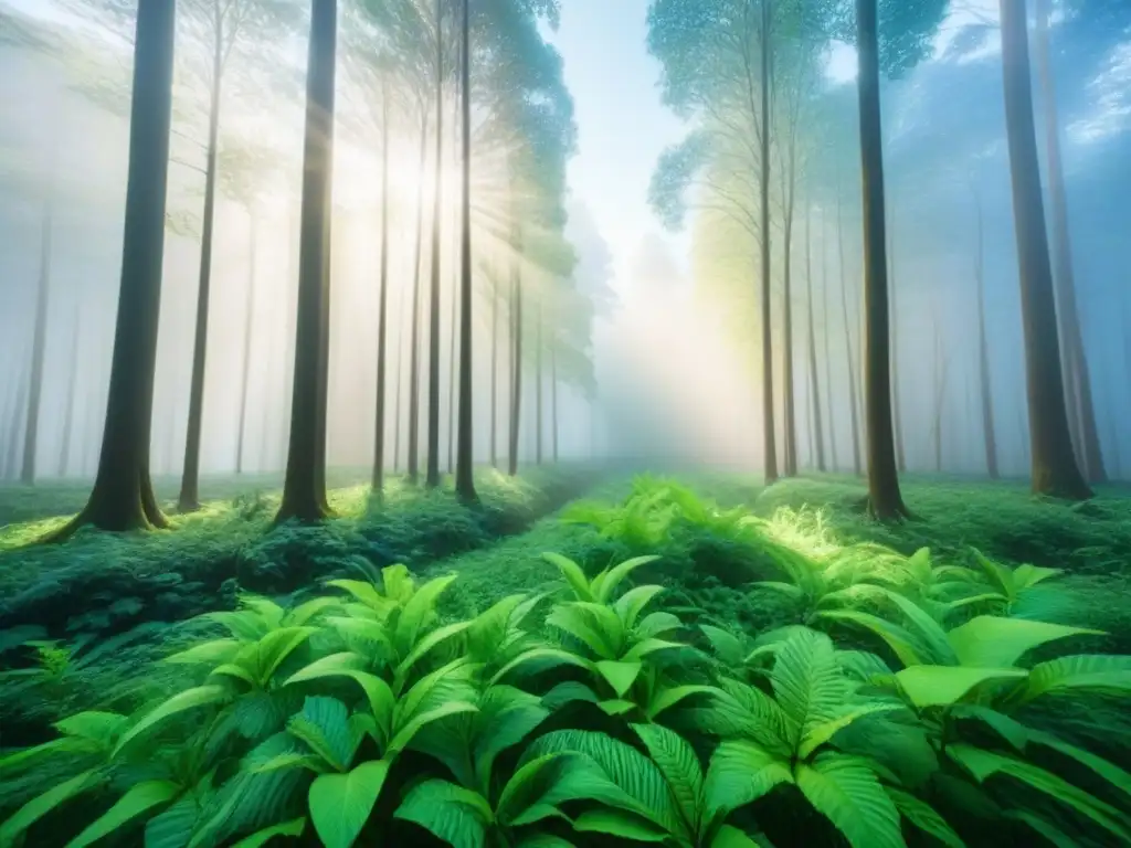 Un bosque vibrante con animales y cielo azul, detallado y sereno