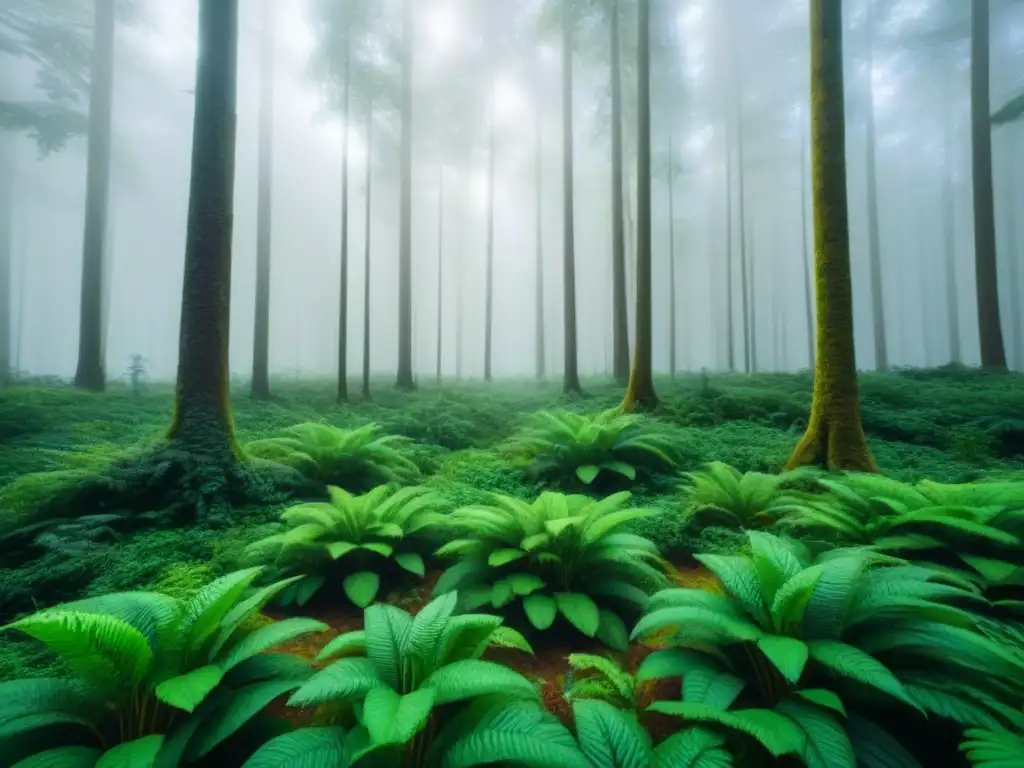 Un bosque vibrante y detallado, mostrando la belleza de la naturaleza y la importancia de la dieta vegana en el cambio climático