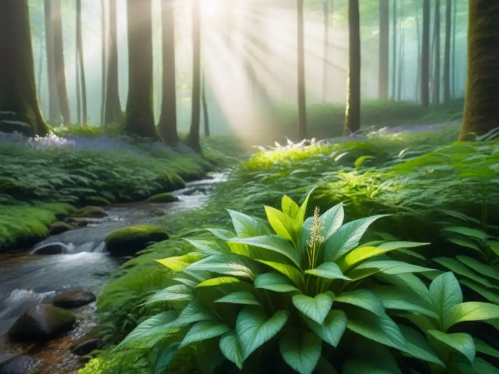 Un bosque vibrante con luz solar filtrándose entre las hojas, resaltando la biodiversidad y los beneficios paneles solares biodiversidad