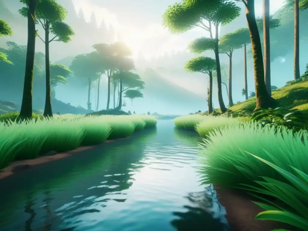 Un bosque virtual sereno con detalles increíbles, ideal para videojuegos educativos conciencia ambiental