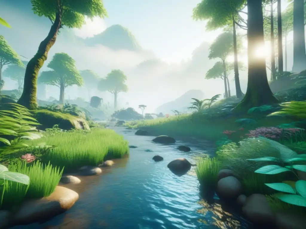 Un bosque virtual sereno y exuberante en un videojuego educativo, con flora y fauna vibrante y detallada