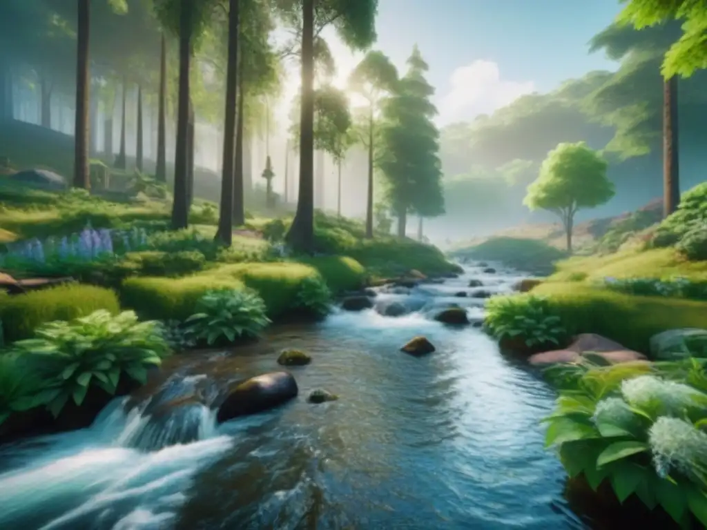 Un bosque virtual sereno en un videojuego educativo, promoviendo conciencia ambiental