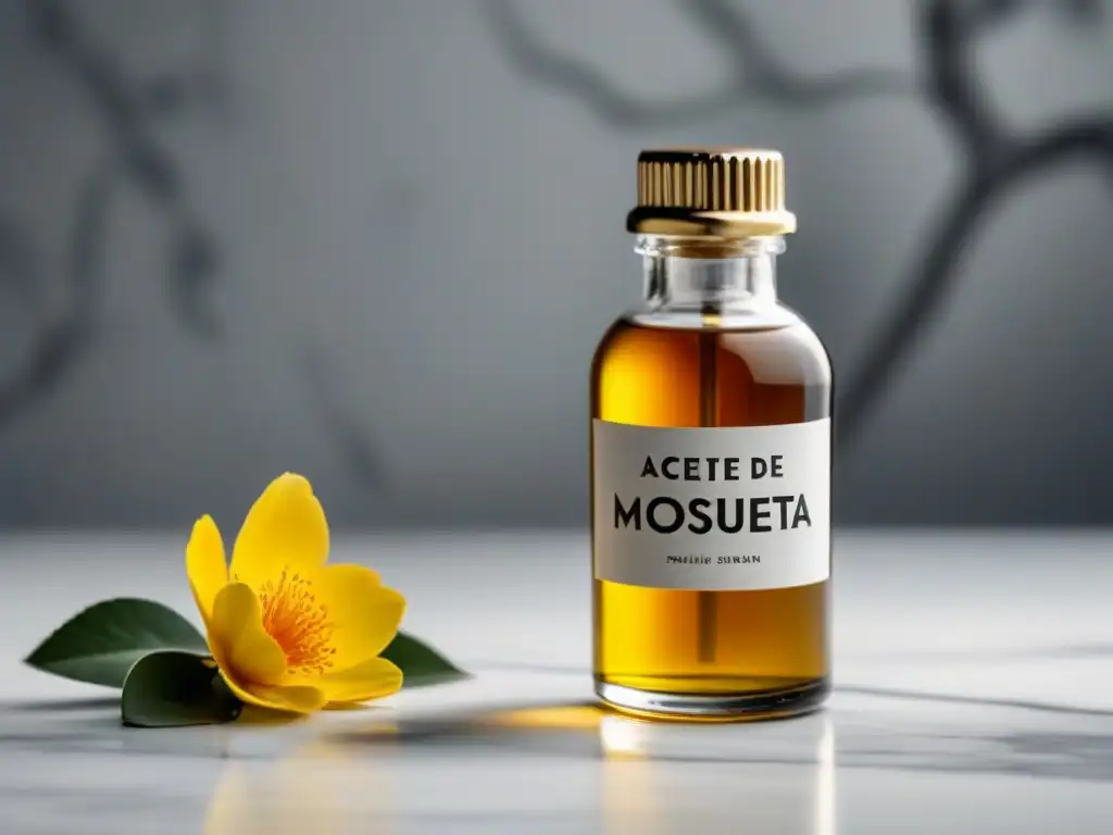 Botella de aceite de rosa mosqueta en frasco de vidrio sobre mármol blanco, iluminación suave