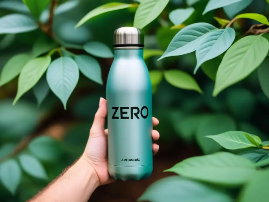 Una botella de acero inoxidable reutilizable con diseño minimalista de hojas ecofriendly y 'Zero Waste' en elegante tipografía