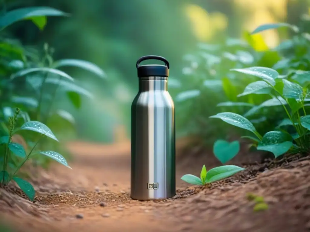 Botella de agua de acero inoxidable entre hojas verdes y flores, reflejando el estilo de vida sostenible zero waste