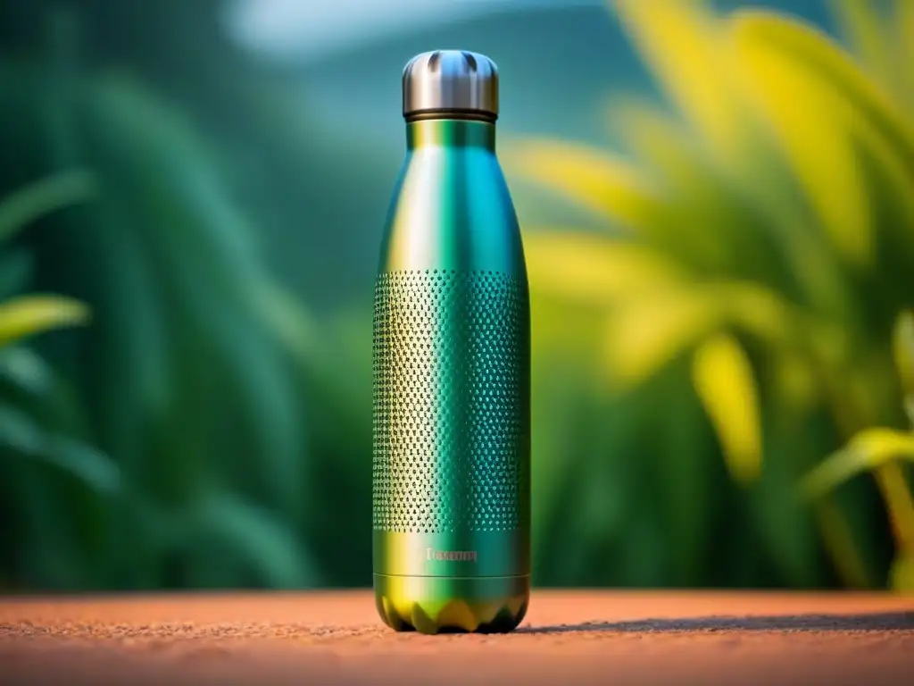 Botella de agua metálica con nanotecnología en productos zero waste sobre fondo degradado, simbolizando innovación y sostenibilidad