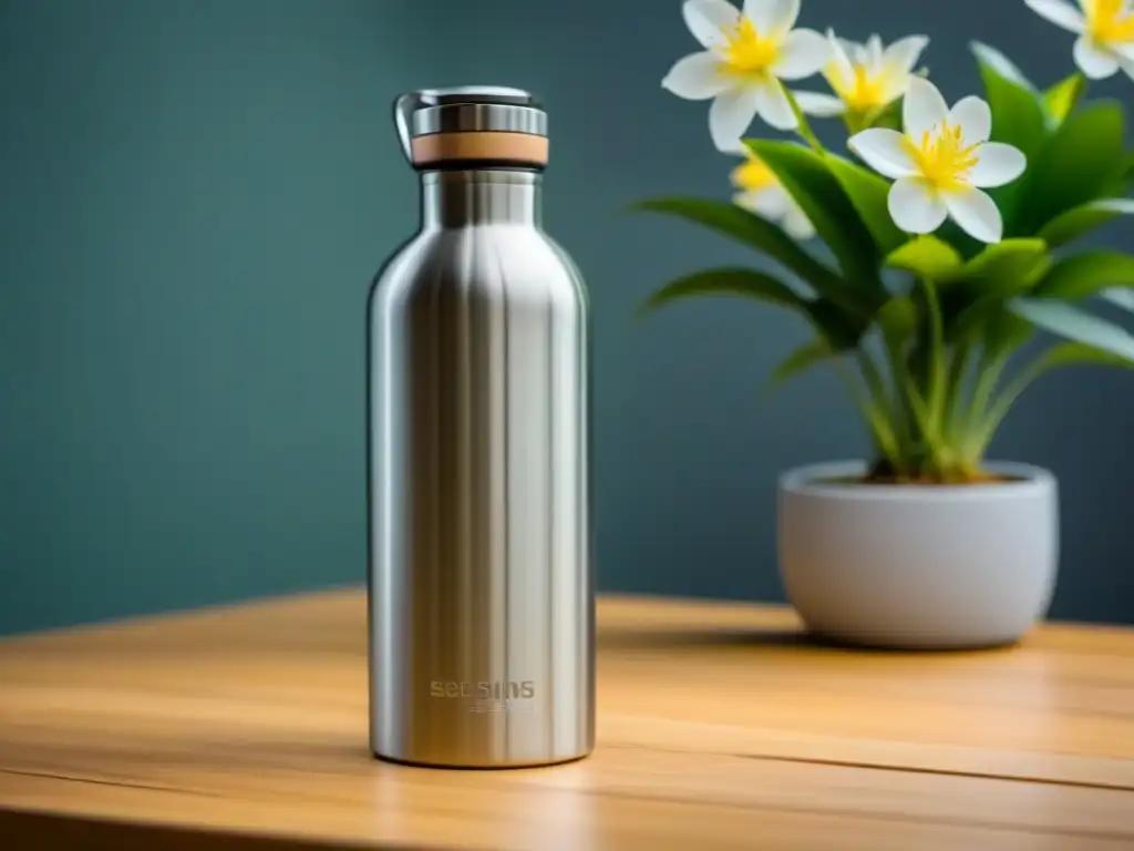 Botella de agua reutilizable de acero inoxidable junto a planta verde en mesa de madera