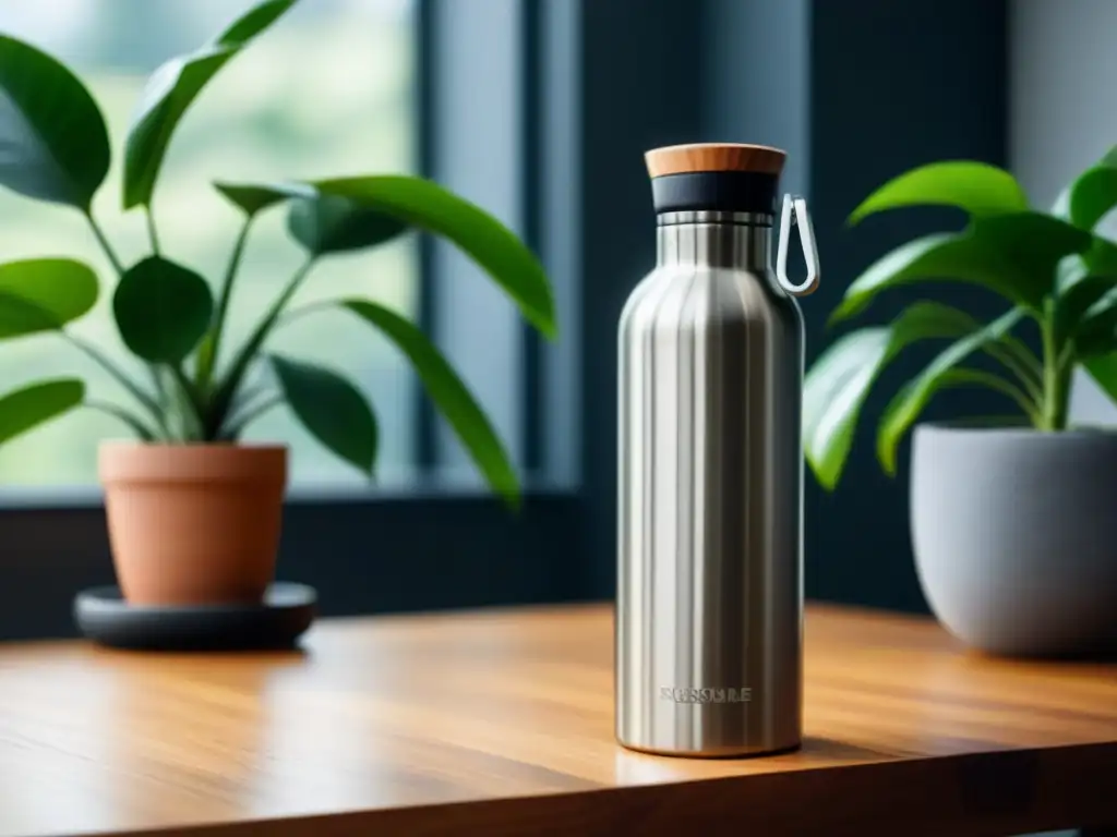 Botella de agua reutilizable de acero inoxidable en escritorio de madera con planta