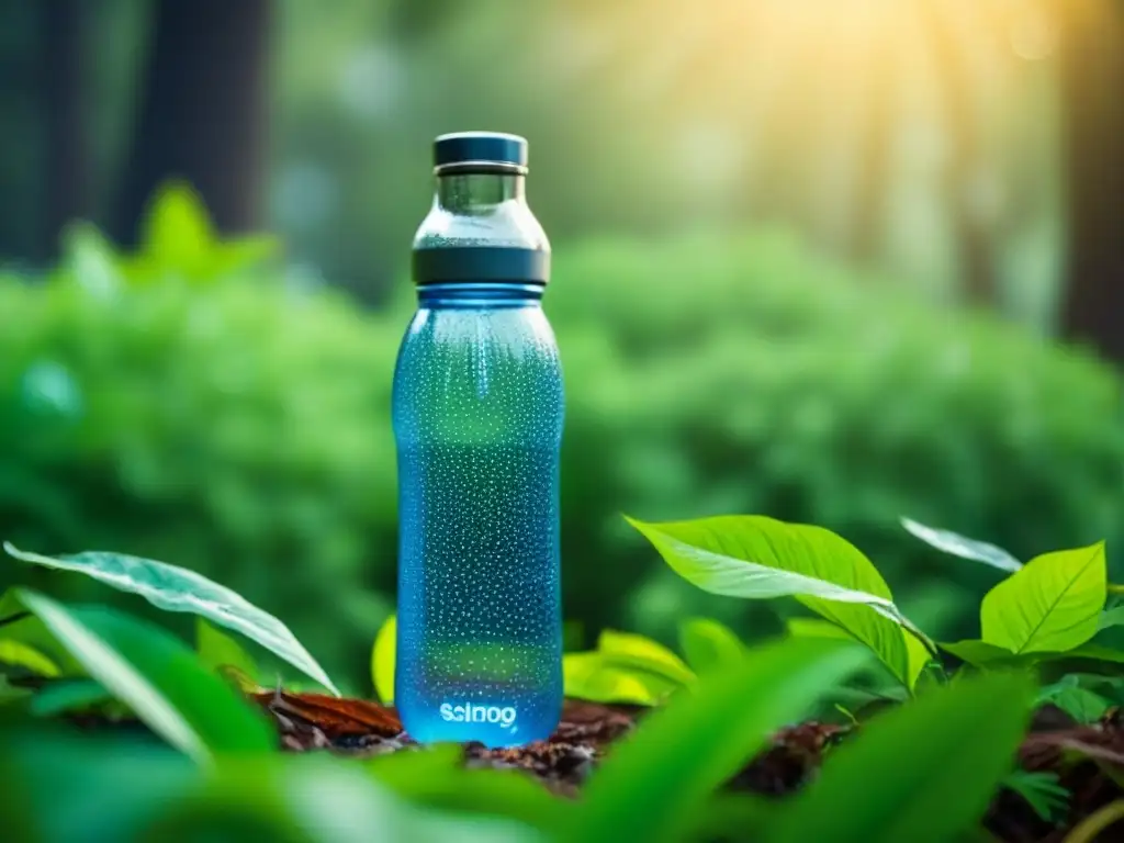 Botella de agua reutilizable con agua fresca sobre hojas verdes con gotas de agua, Alternativas ecológicas bebidas sostenibles