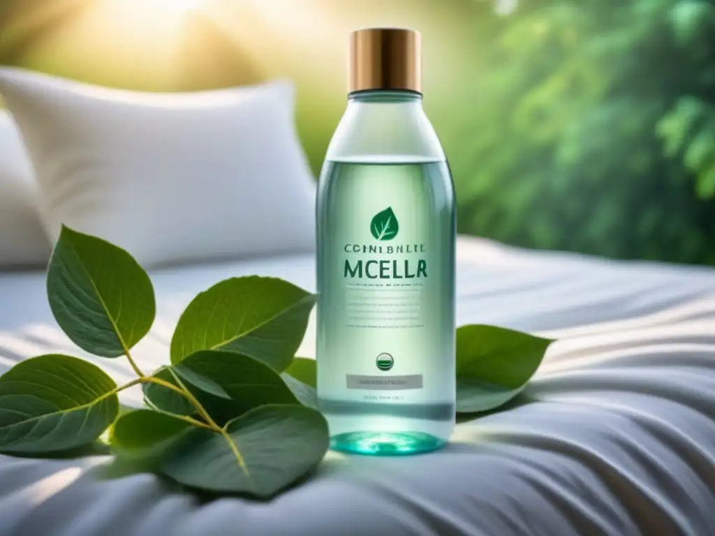 Botella de agua micelar ecológica sostenible sobre hojas verdes, simbolizando armonía entre naturaleza e innovación en cuidado de la piel