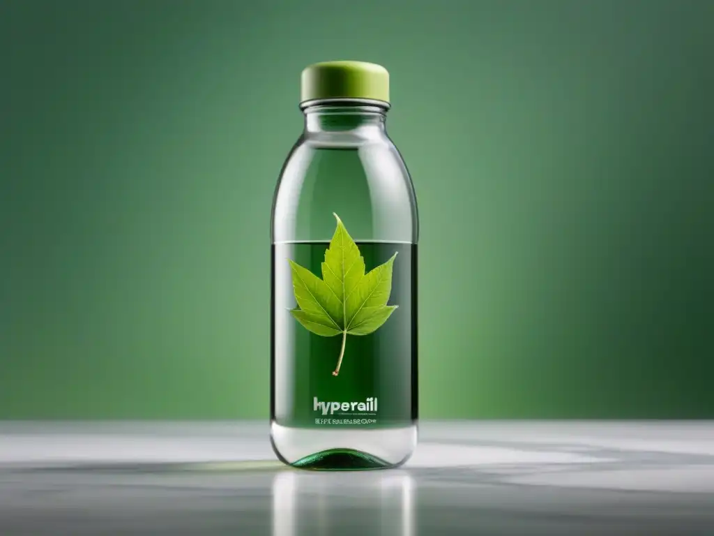 Botella de agua ecofriendly en mármol blanco Una botella de agua de vidrio junto a una hoja verde sobre mármol blanco