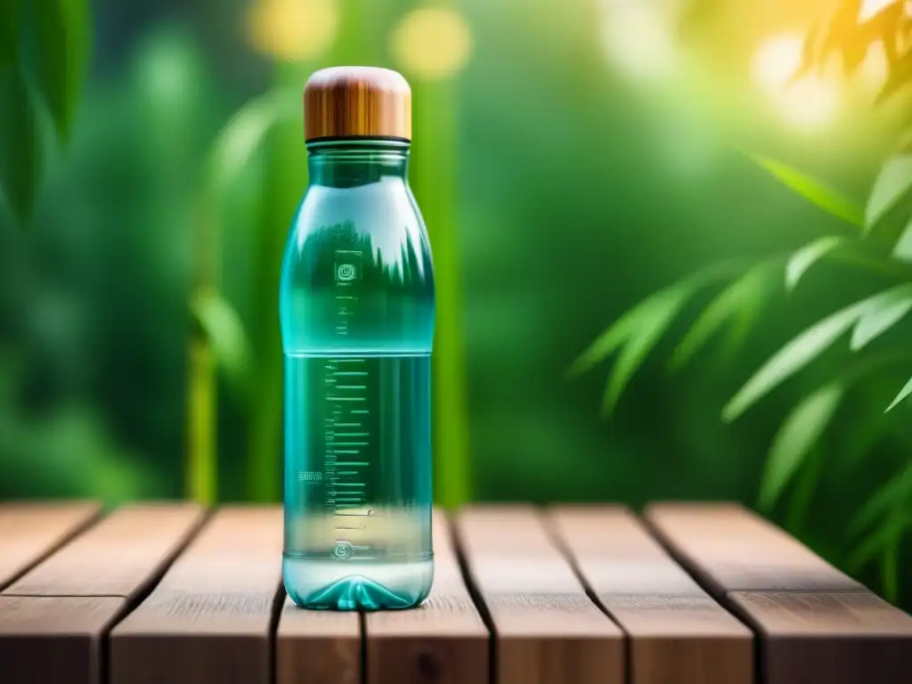 Botella de agua de vidrio y tapa de bambú en mesa de madera con vegetación, reflejando sostenibilidad