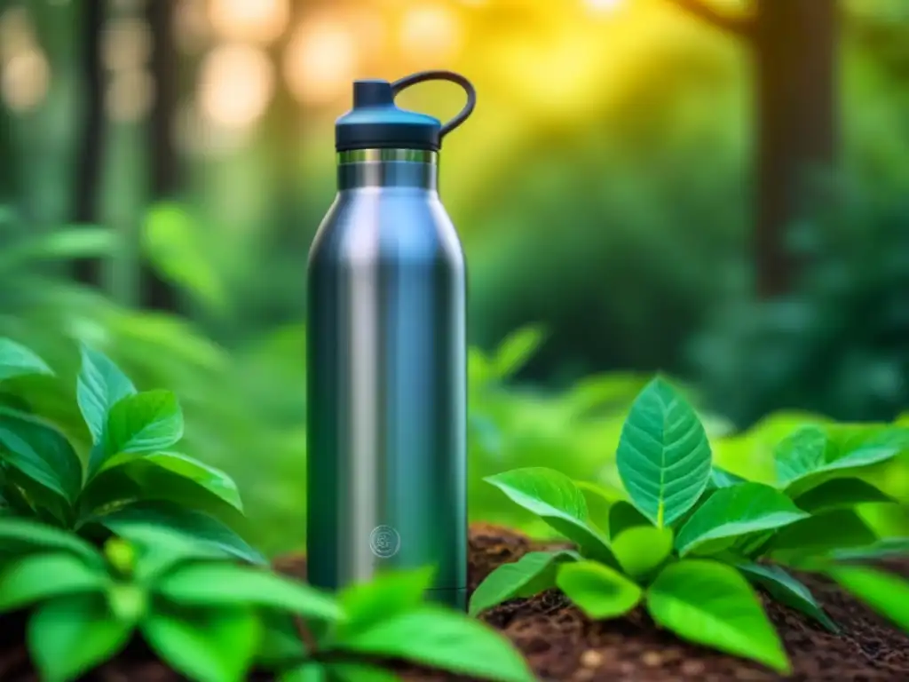 Botella de bioplástico sostenible en medio de hojas verdes, ilustrando los beneficios bioplásticos sostenibles