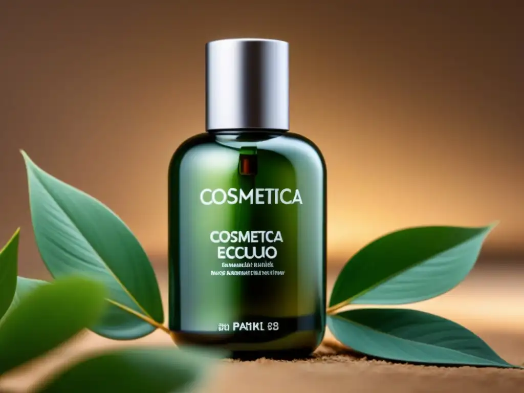 Botella cosmética ecolujo con diseño minimalista, rodeada de naturaleza, para un estilo de vida sostenible y lujoso