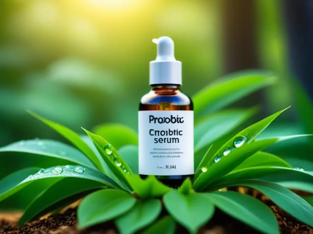 Botella ecoamigable de 'Suero Probiótico' rodeada de hojas verdes y gotas de agua, simbolizando pureza y naturalidad