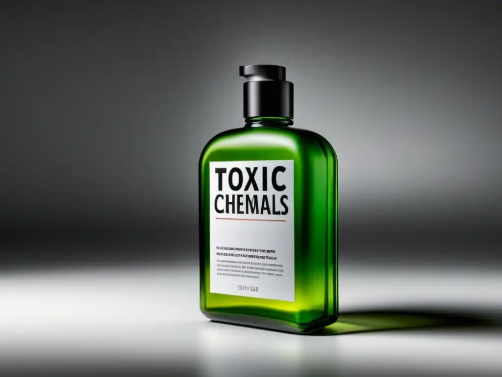 Riesgos ocultos: Frasco cosmético elegante con 'Toxic Chemicals' Botella elegante de cosmético con etiqueta 'Riesgos químicos maquillaje salud' en letras llamativas