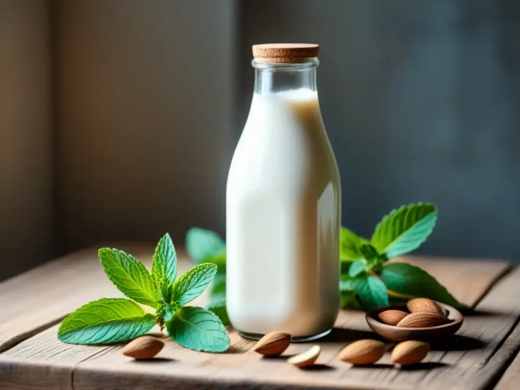 Botella de leche de almendras casera en mesa de madera con almendras y menta fresca