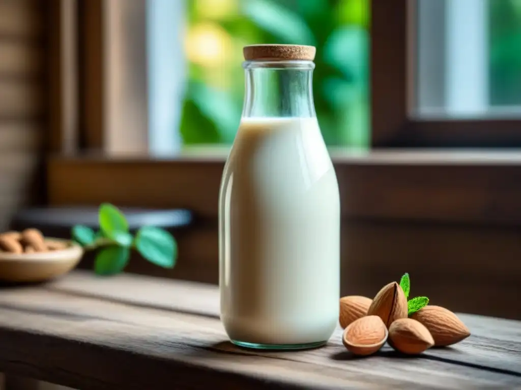 Botella de leche de almendras casera en mesa rústica con ingredientes frescos