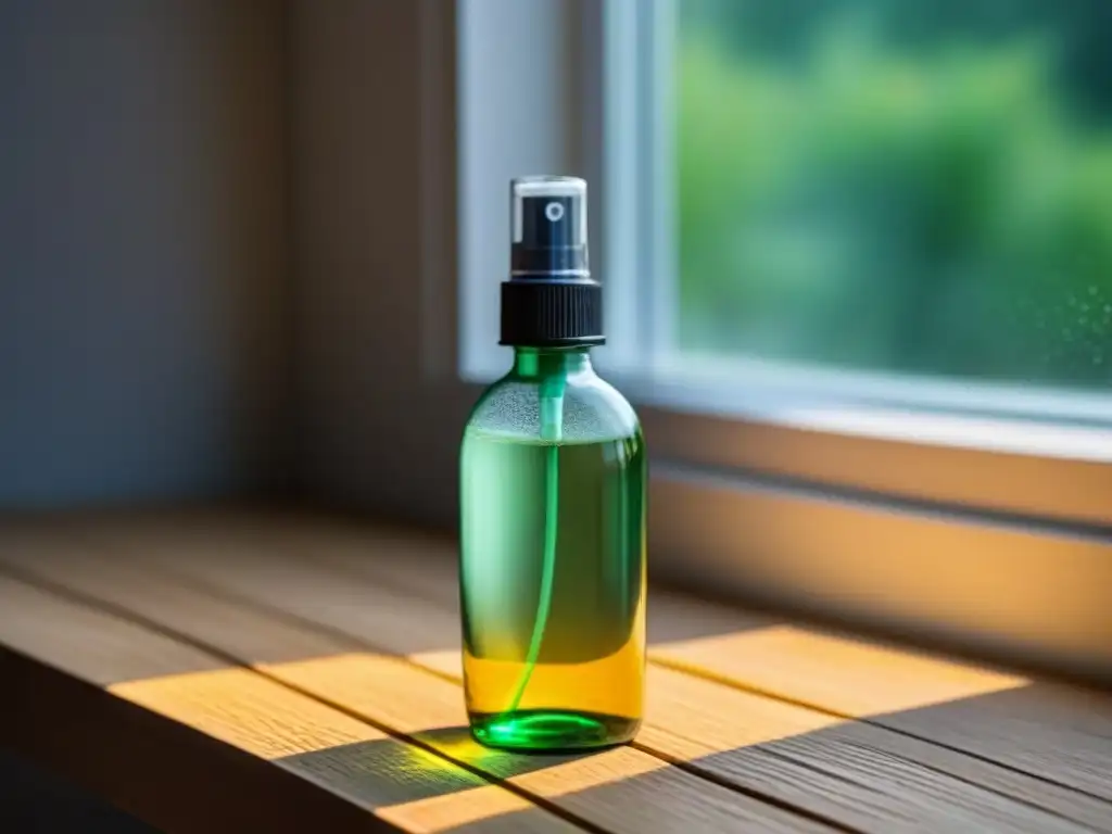 Botella de spray con solución natural para limpieza casera, iluminada por luz natural