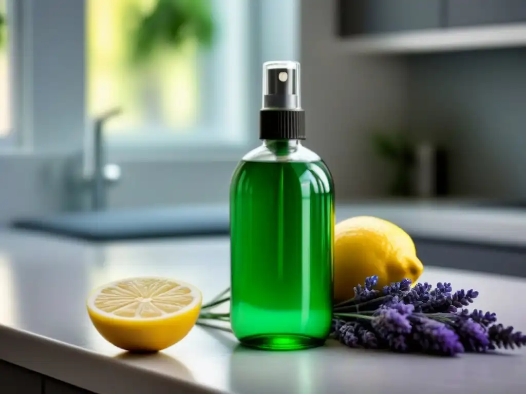 Botella de spray de vidrio con solución ecológica en encimera blanca con limones frescos y lavanda