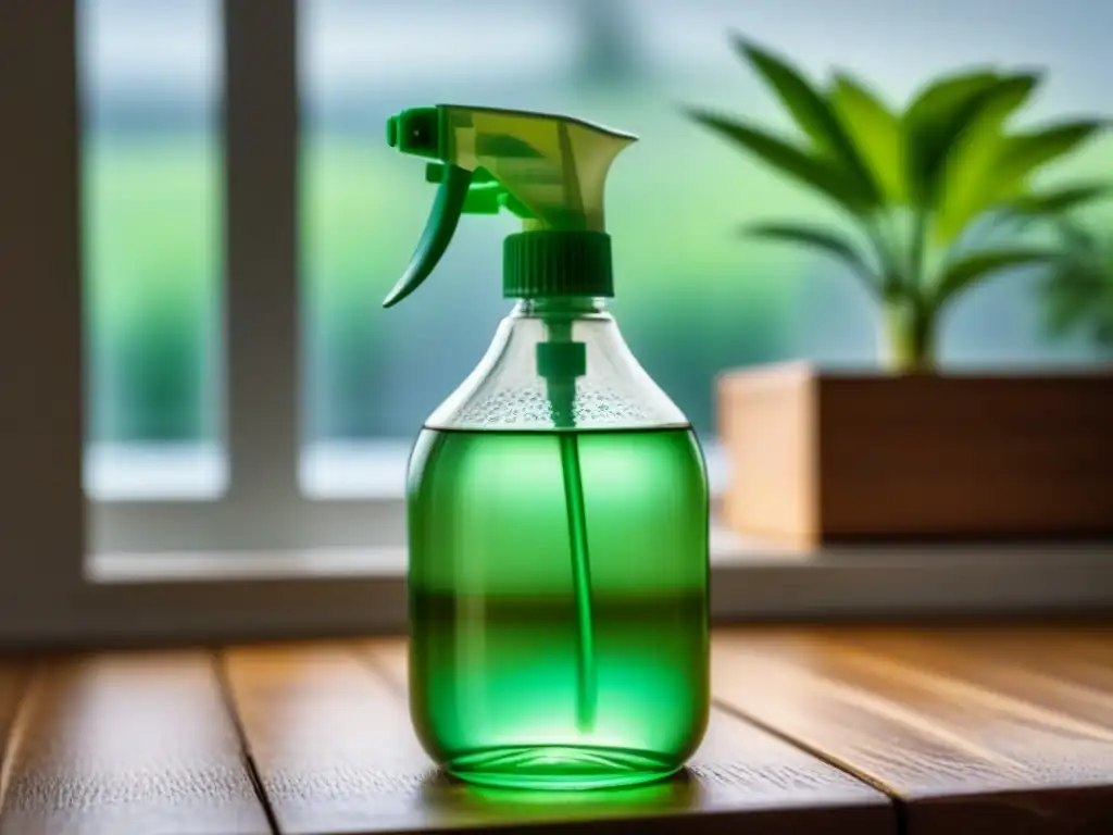 Botella de spray de vidrio con solución natural para limpieza, en madera con luz natural