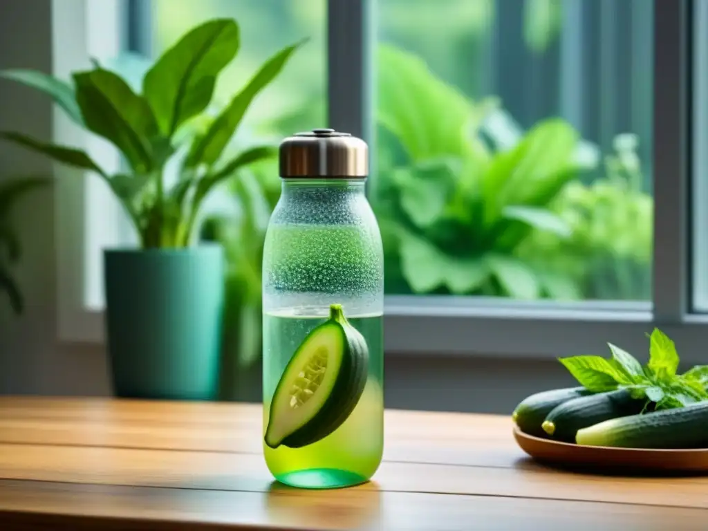 Botella de vidrio con agua de pepino y menta en mesa de madera rodeada de plantas verdes, luz natural