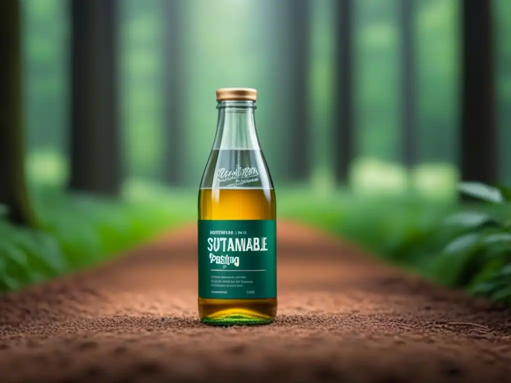 Botella de vidrio con diseño ecofriendly y etiqueta elegante que lee 'Envases sostenibles bebidas innovación' en medio de un bosque verde