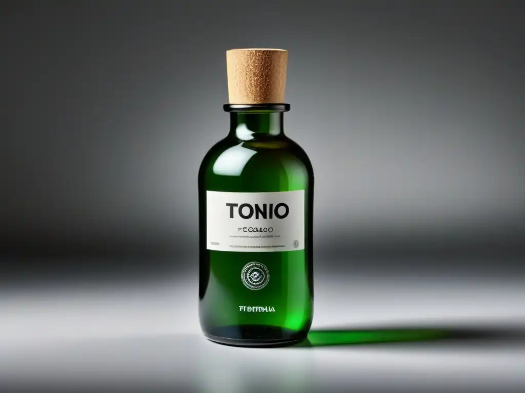 Botella de vidrio con diseño eco-friendly de 'Tónico Facial Ecológico pH Balanceado' en fondo blanco, refleja pureza y sostenibilidad