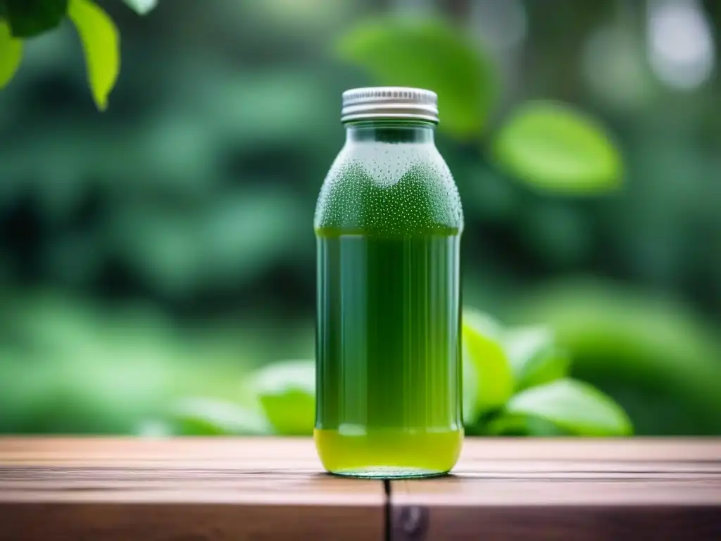 Botella de vidrio con jugo verde en mesa de madera, rodeada de naturaleza