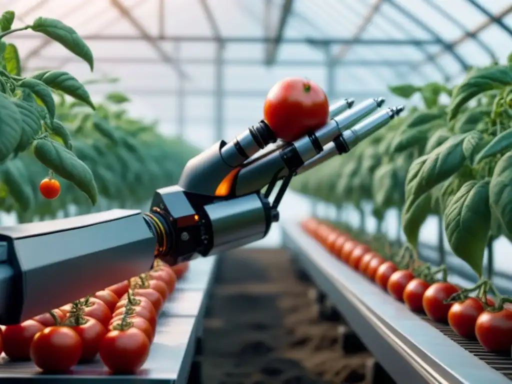 Un brazo robótico futurista cosecha tomate maduro en invernadero hightech