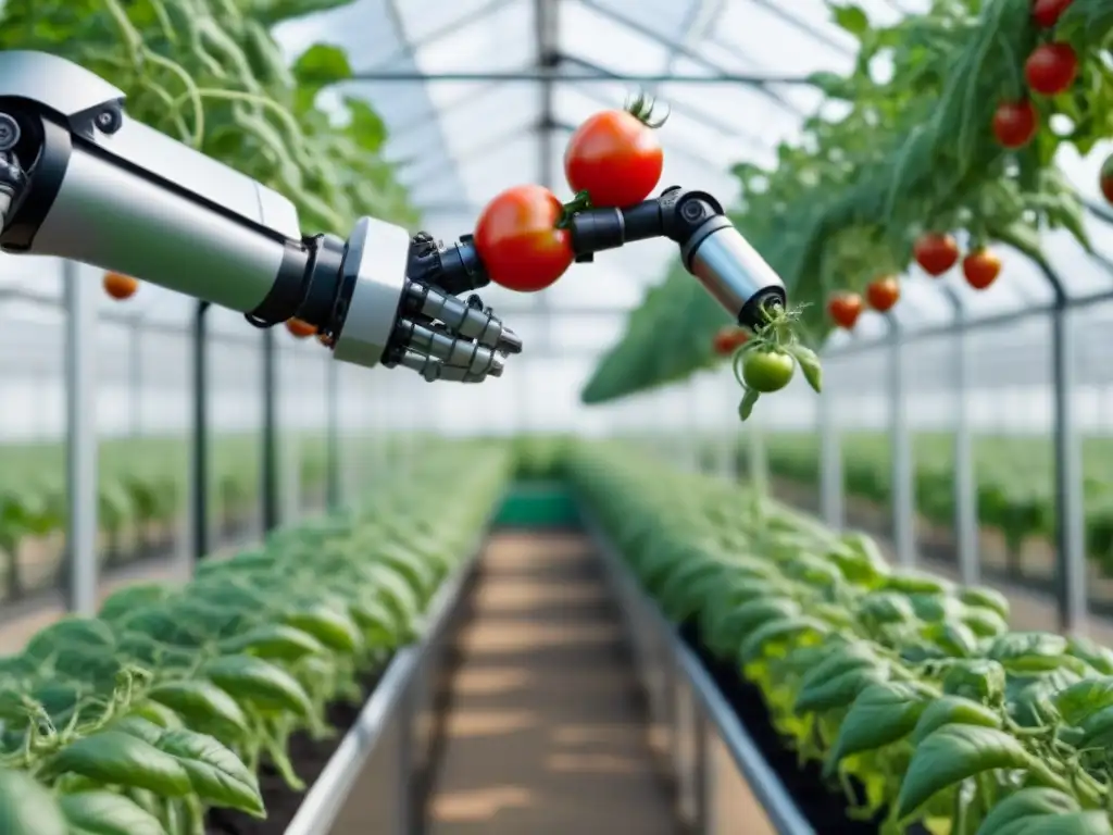 Un brazo robótico futurista cosecha tomates en invernadero tecnológico