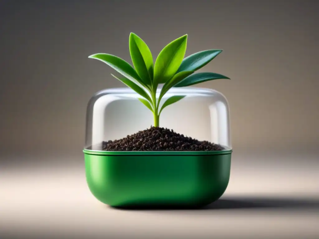 Un brote verde de planta en envase biodegradable, eco-sostenibilidad y solución al plástico