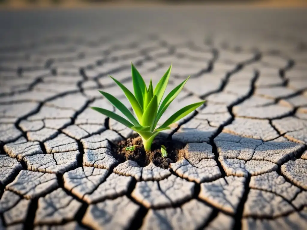 Un brote verde resiste en tierra seca y agrietada, simbolizando adaptación y resiliencia ante sequías prolongadas