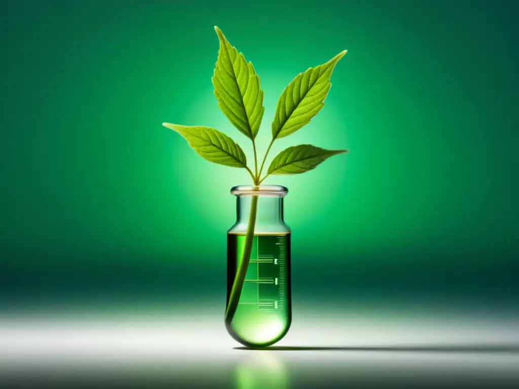 Brotes eco: hoja verde emerge de tubo de ensayo Un brote verde crece en un tubo de ensayo, simbolizando productos ecológicos sin químicos nocivos
