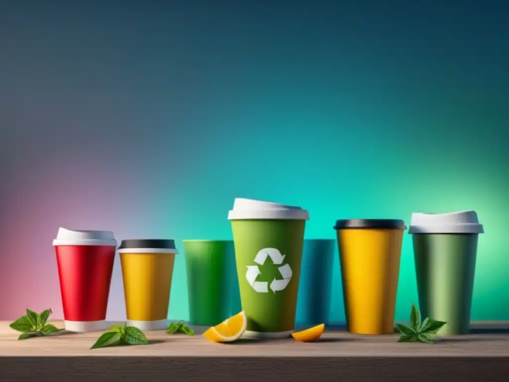 Un bucle continuo de elementos sostenibles en eventos: tazas reutilizables, energía renovable, contenedores de reciclaje y decoraciones ecológicas