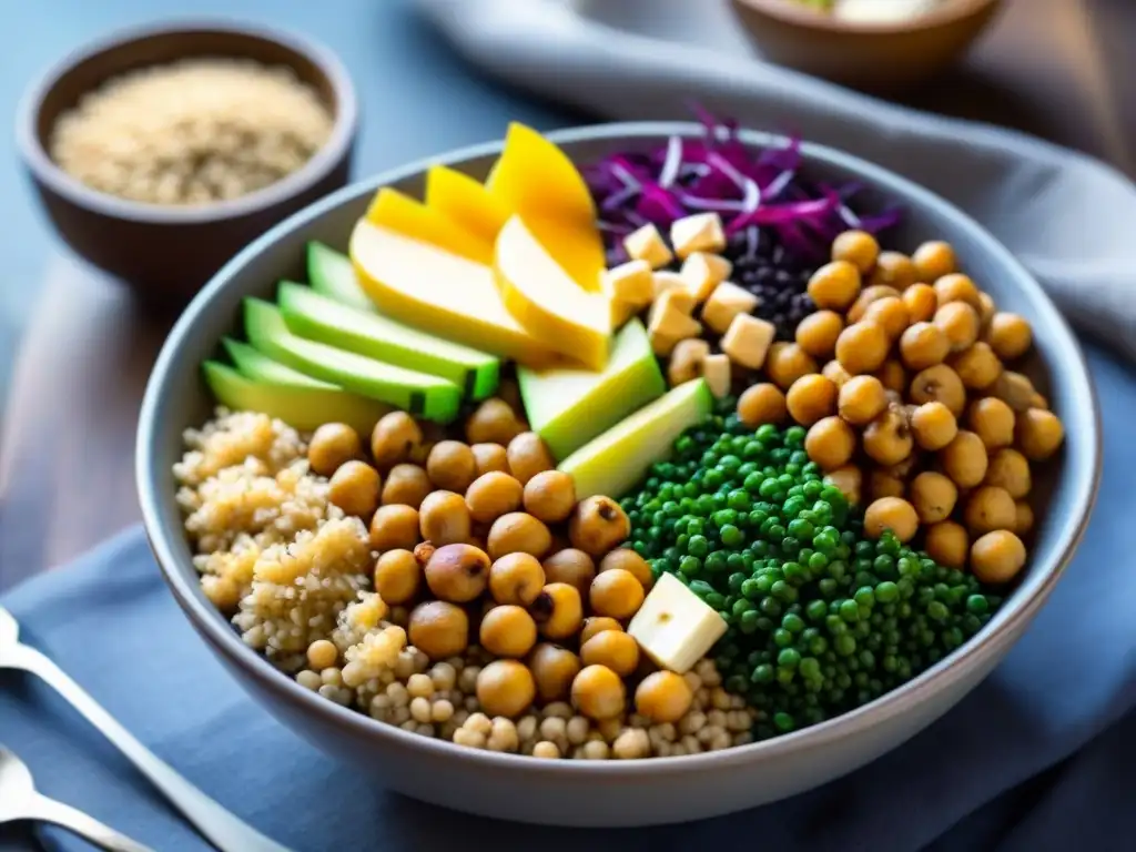 Un Buddha bowl colorido con proteínas alternativas sostenibles estilo vida