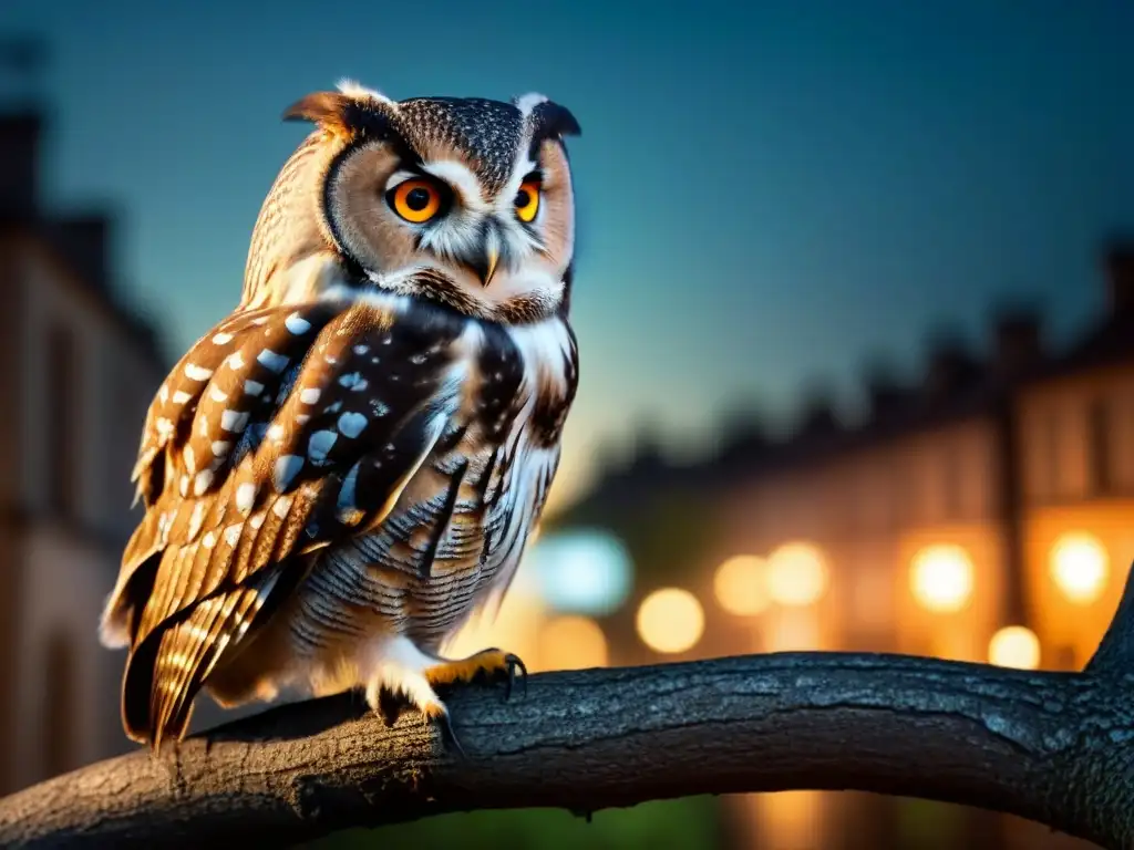 Un búho majestuoso en la noche urbana, iluminado por una farola