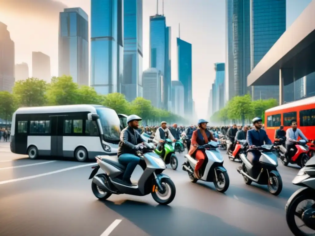 Un bullicioso escenario urbano sostenible durante la hora pico, con transporte ecofriendly y edificios verdes