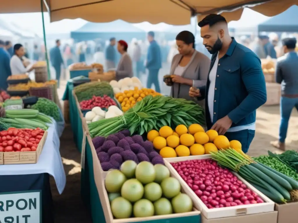 Fotografía de un bullicioso mercado de agricultores con artesanos locales y vibrantes productos frescos, en un escenario comunitario sostenible