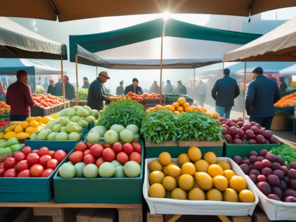 Un bullicioso mercado de agricultores vibrante con productos frescos y coloridos