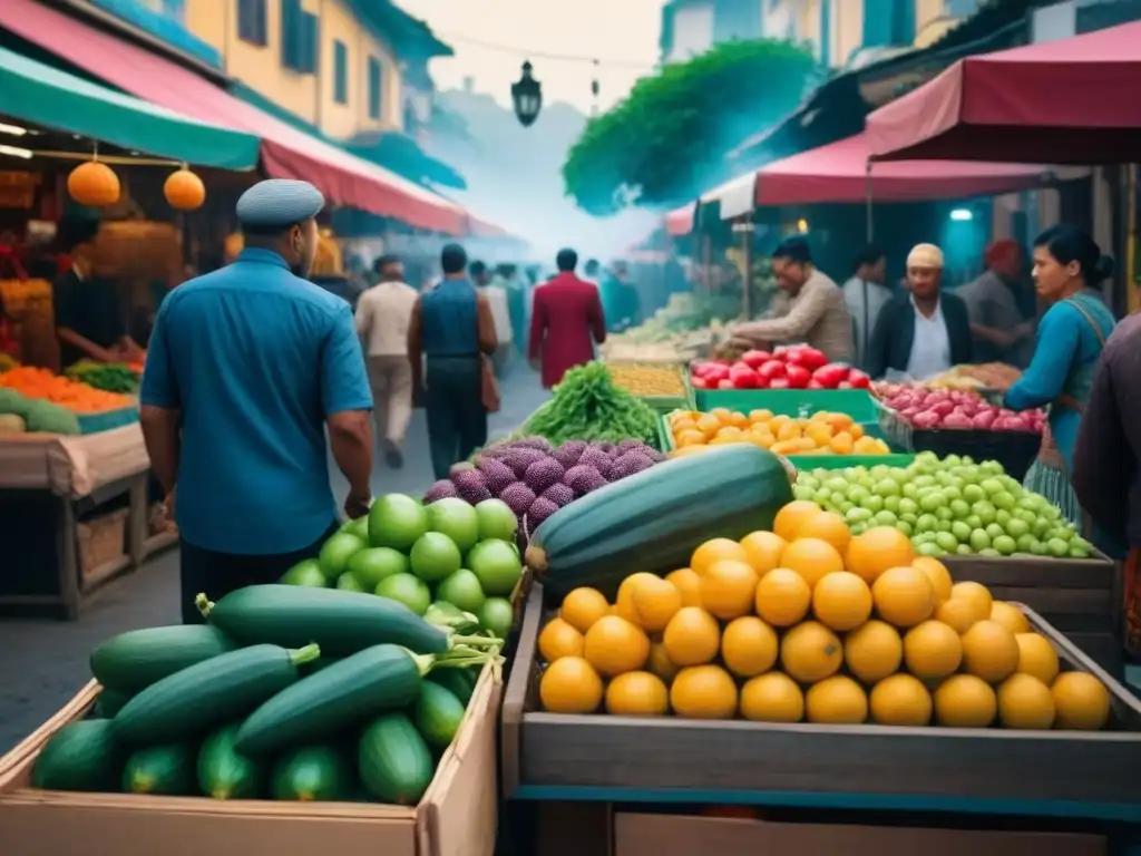 Un bullicioso mercado de alimentos exóticos con frutas y verduras coloridas, gente diversa y vendedores