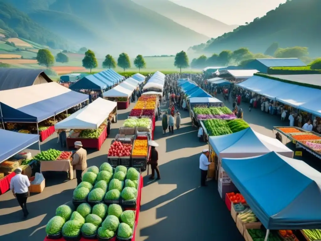 Un bullicioso mercado agrícola en un entorno natural, destacando los beneficios de la comida kilómetro cero