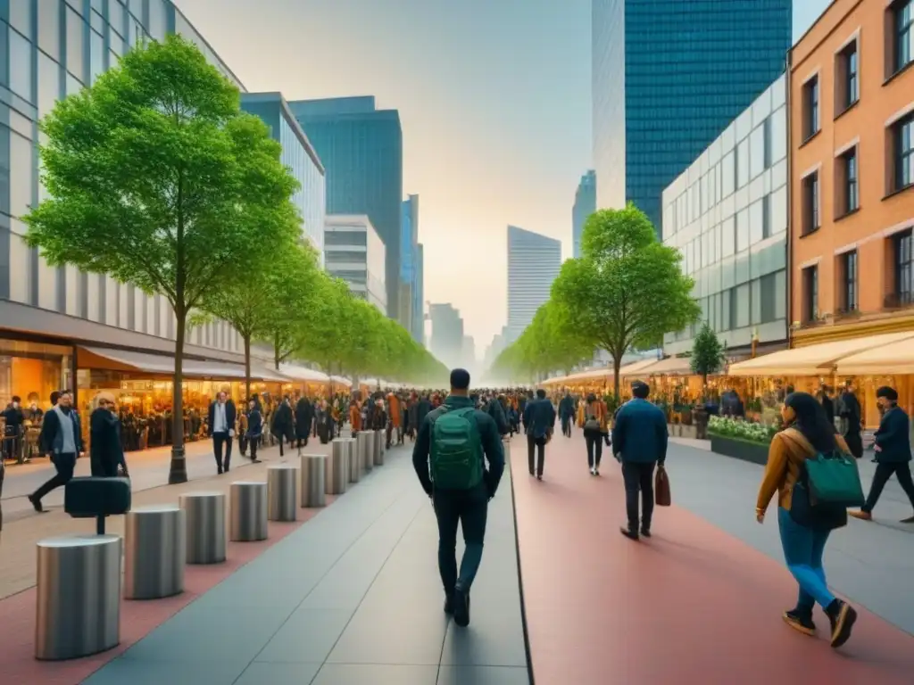 Un bullicioso tramo de ciudad con peatones de diversos fondos y edades, paseando por amplias aceras arboladas y mobiliario moderno