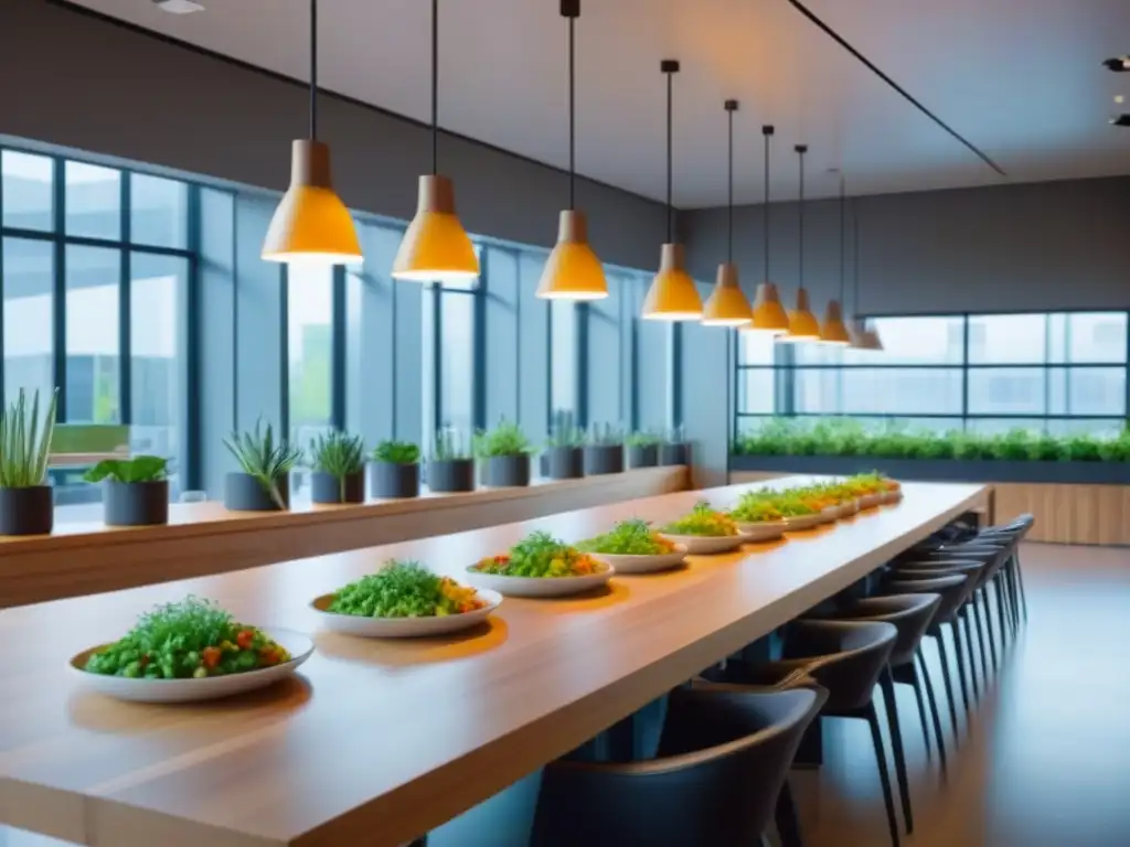 Una cafetería corporativa moderna con platos veganos coloridos en una mesa de madera larga