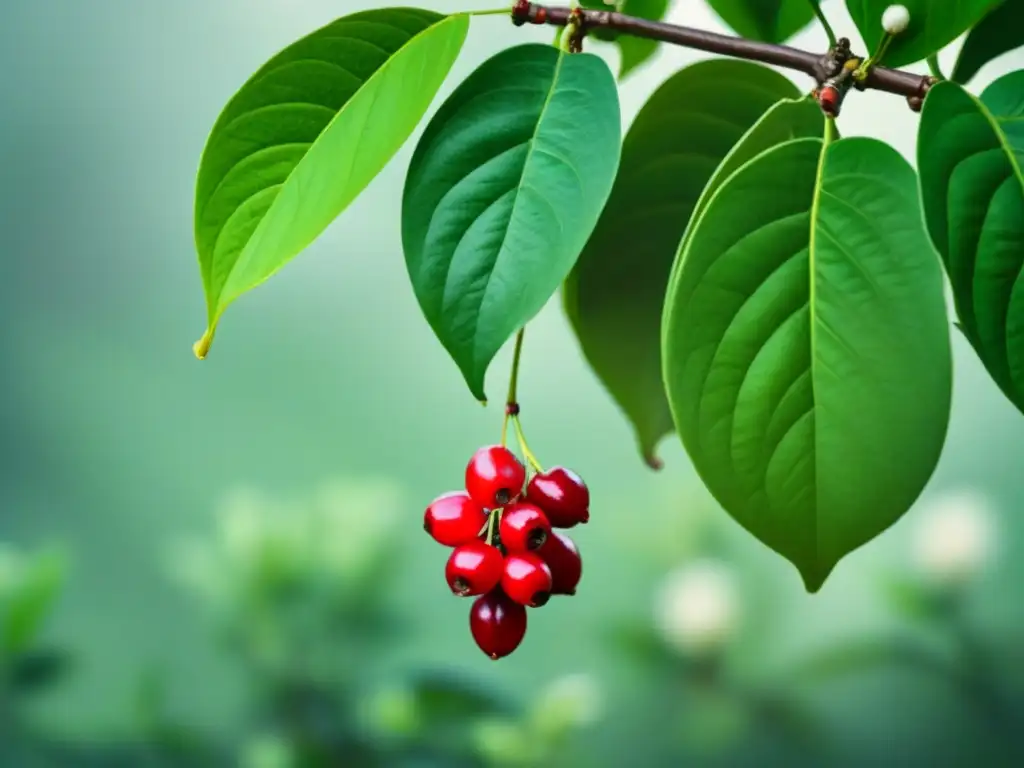 Un cafeto exuberante con hojas vibrantes, flores blancas y cerezas rojas madurando