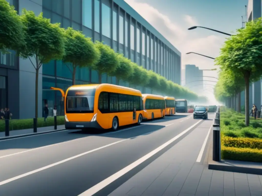 Una calle de la ciudad bulliciosa con buses eléctricos, bicicletas y peatones en armonía rodeados de vegetación y energía renovable