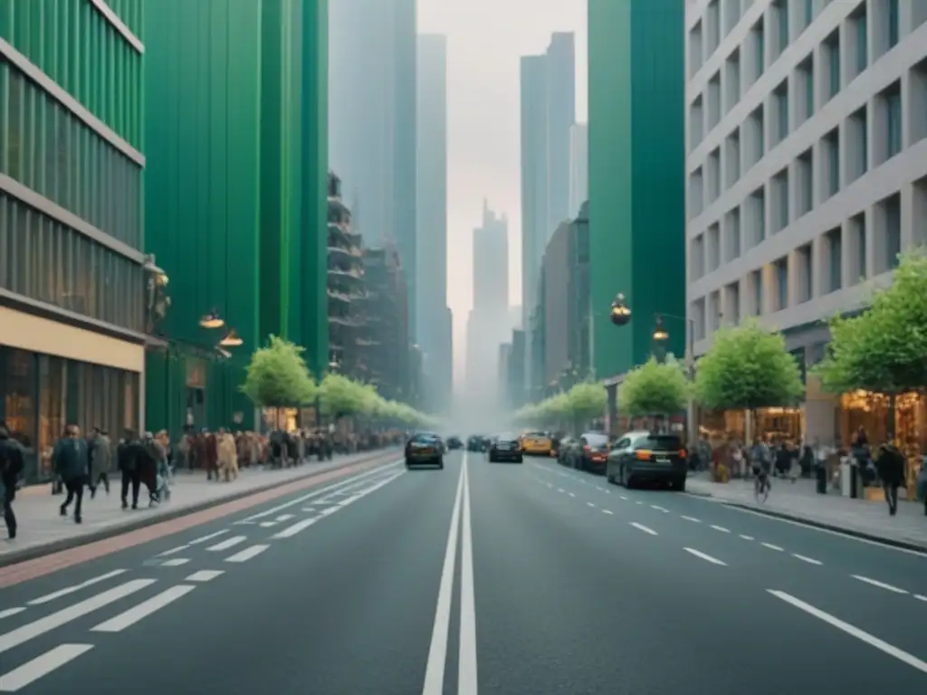 Una calle urbana bulliciosa con edificios altos y fauna silvestre conviviendo en armonía, representando el urbanismo verde y el bienestar animal