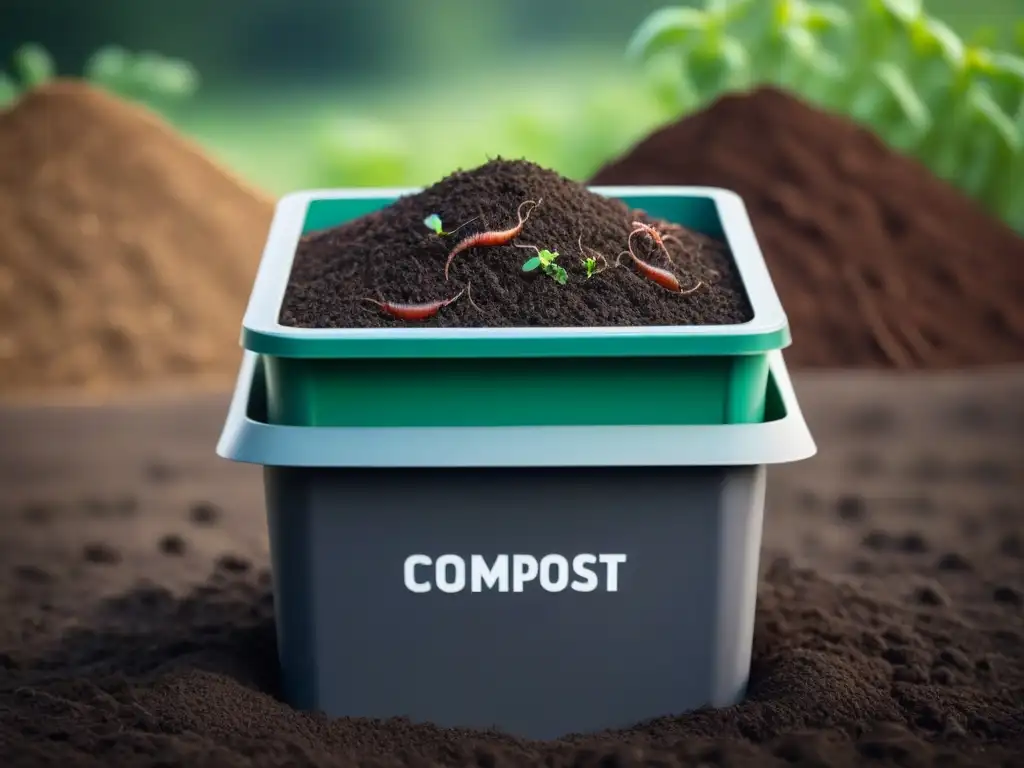 Eco-ilustración calmada de un contenedor de compost rebosante de tierra fértil oscura, con lombrices y brotes verdes