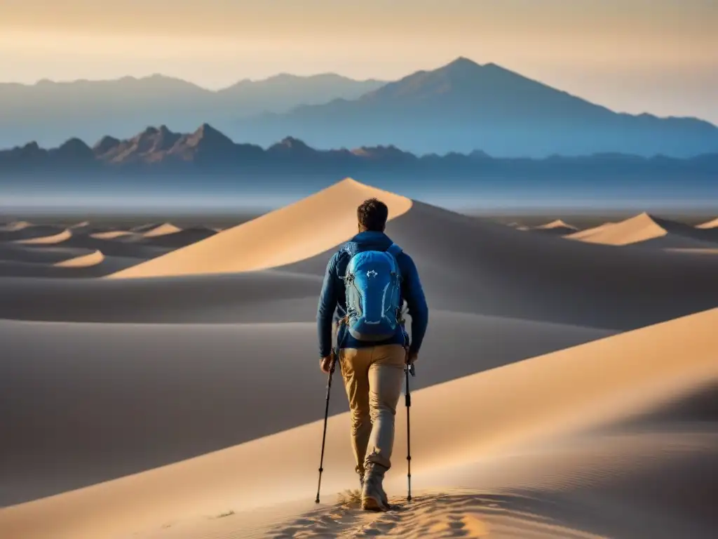 Un caminante solitario recorre un vasto y árido desierto con equipo sostenible