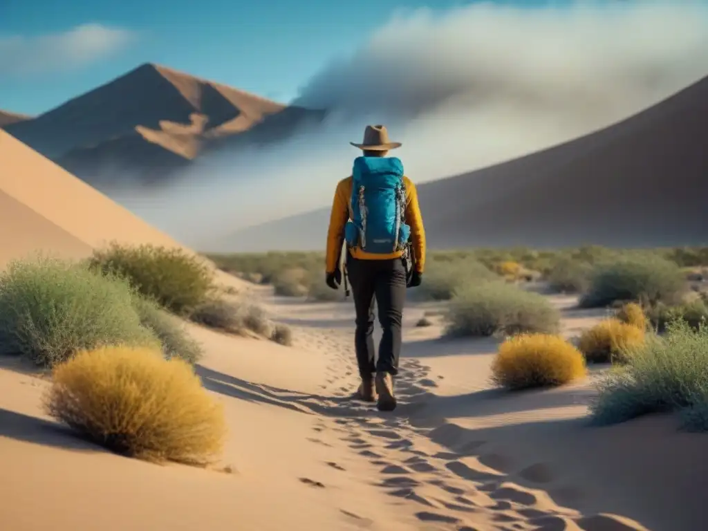 Un caminante solitario en un vasto desierto bajo un cielo azul claro, resalta la sostenibilidad en caminatas desiertos